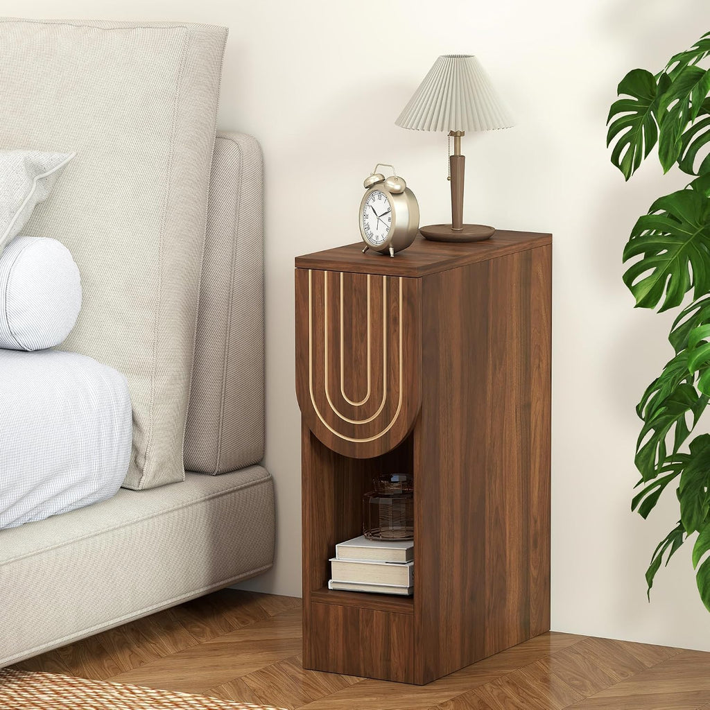 Narrow Carved Wood Nightstands, Set of Two