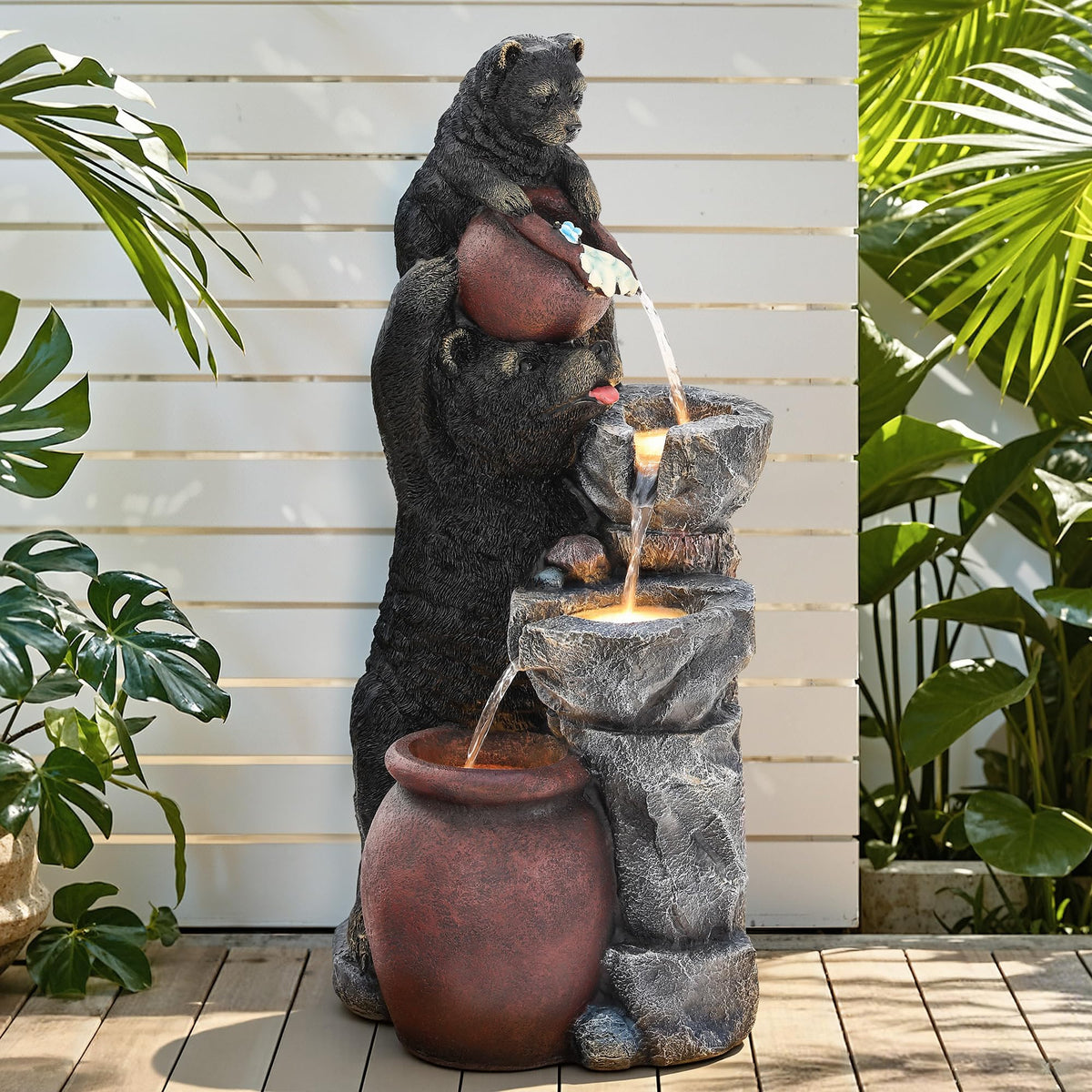 23" H Tiki Statue Outdoor Water Fountain with LED Lights