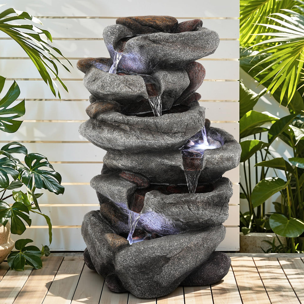 23" H Tiki Statue Outdoor Water Fountain with LED Lights
