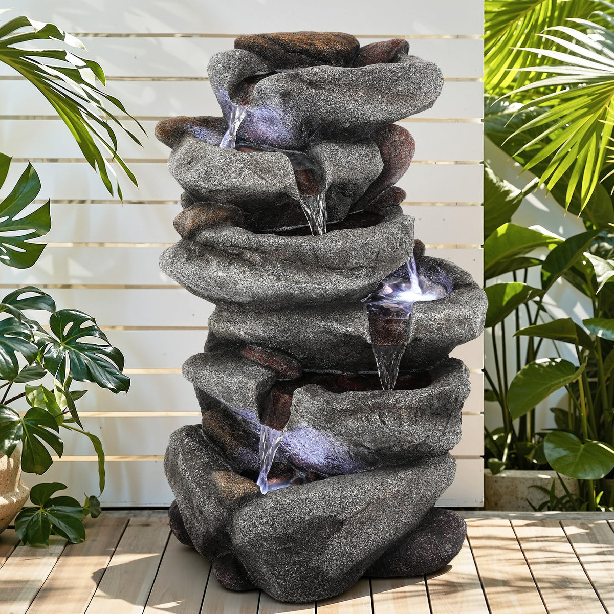 23" H Tiki Statue Outdoor Water Fountain with LED Lights
