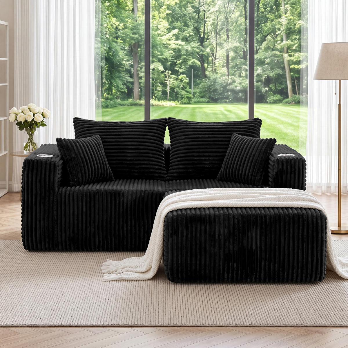 Modular Boneless Loveseat Sectional Cloud Sofa Comfy Deep Seat Corduroy Small Couch