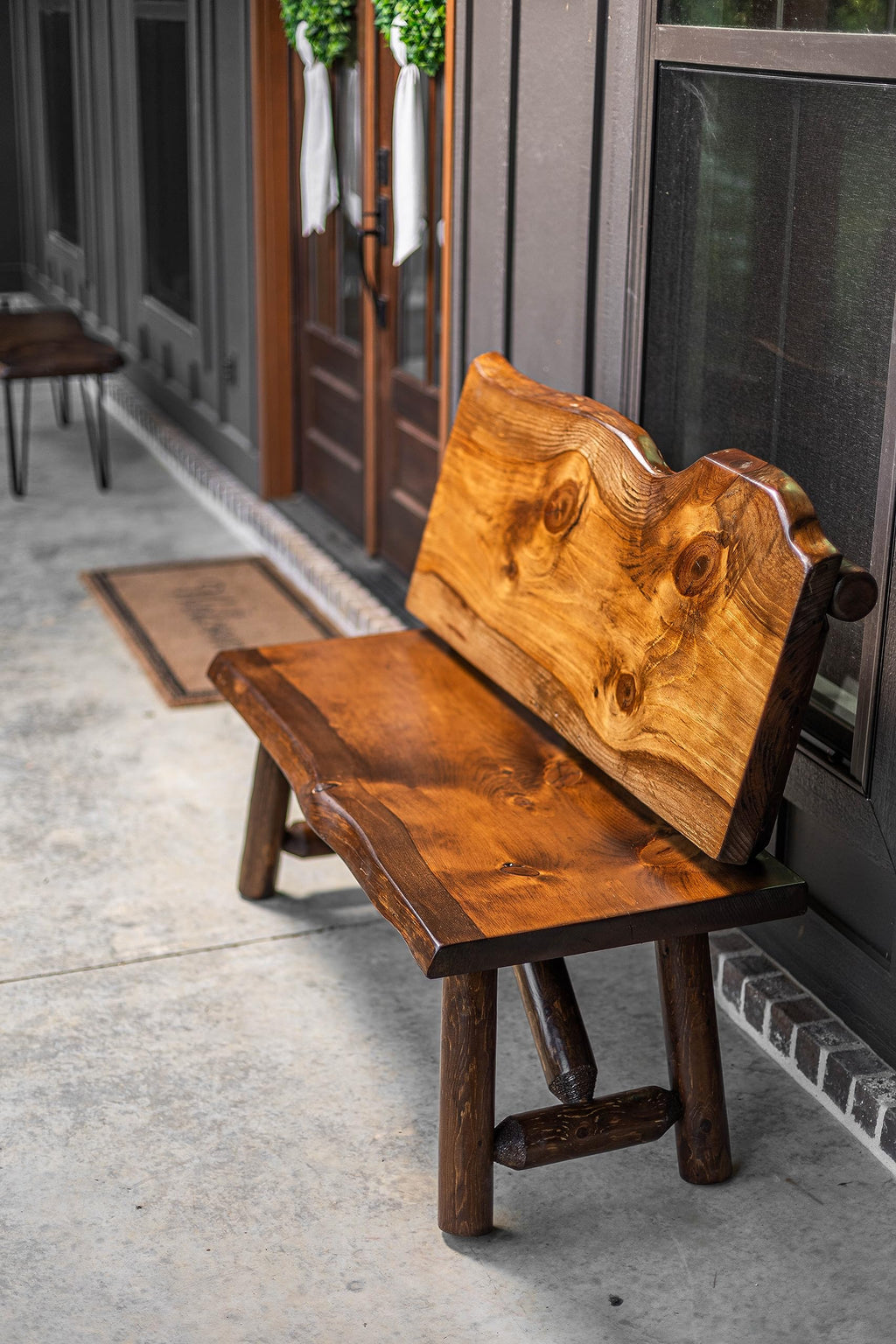 Rustic Log Live Edge Wooden Bench with Live Edge Slab Back Support (Natural Clear)