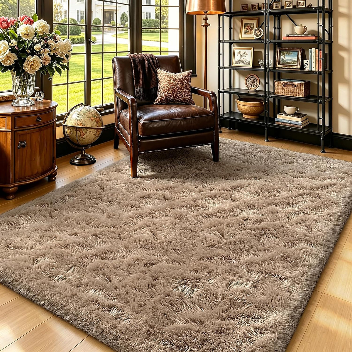 Mottled Beige 9x12 Area Rugs for Living Room, Fluffy Shag Rug Large Carpet