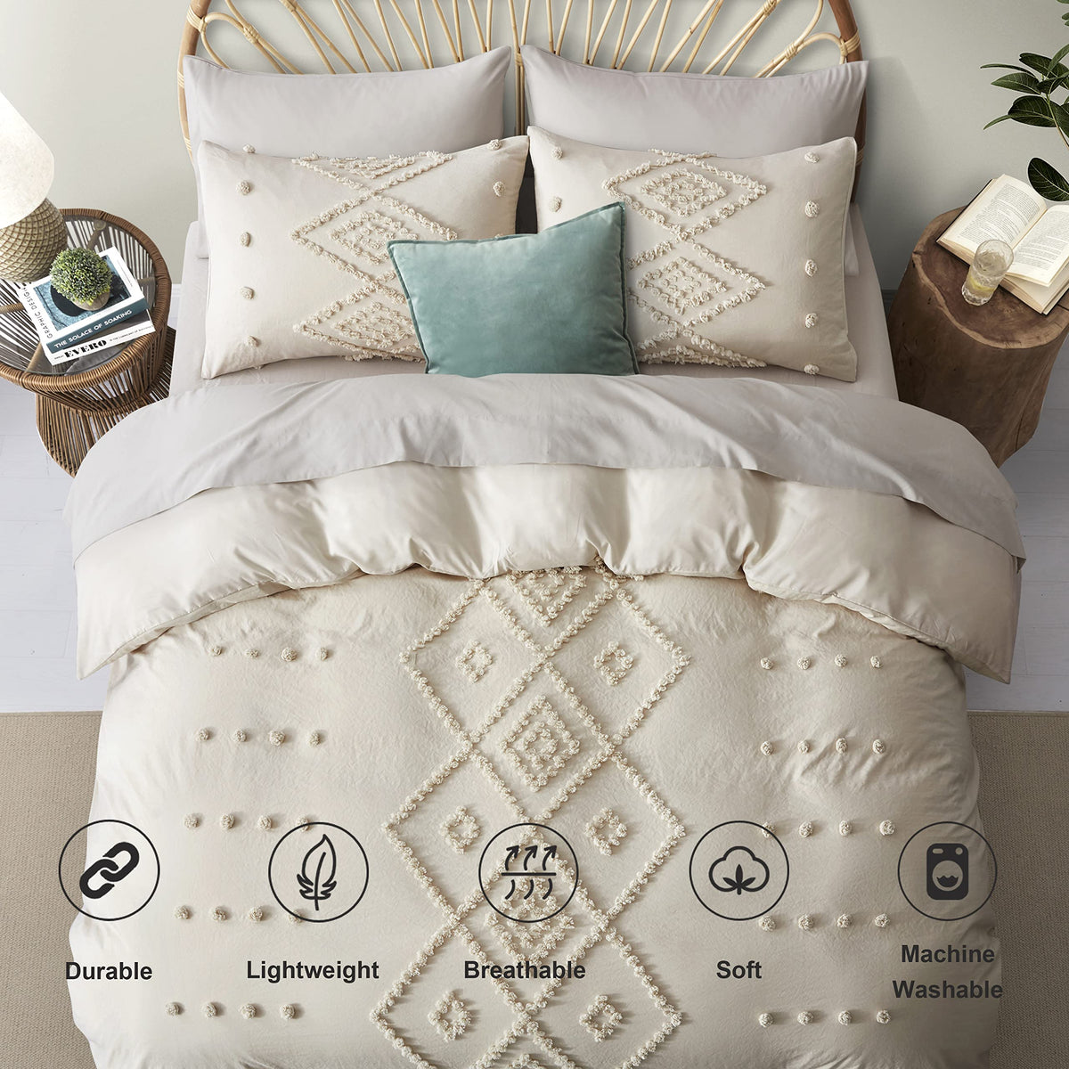 Oli Anderson Tufted Boho Queen Duvet Cover Set, Pumpkin Brown, 3 Pieces