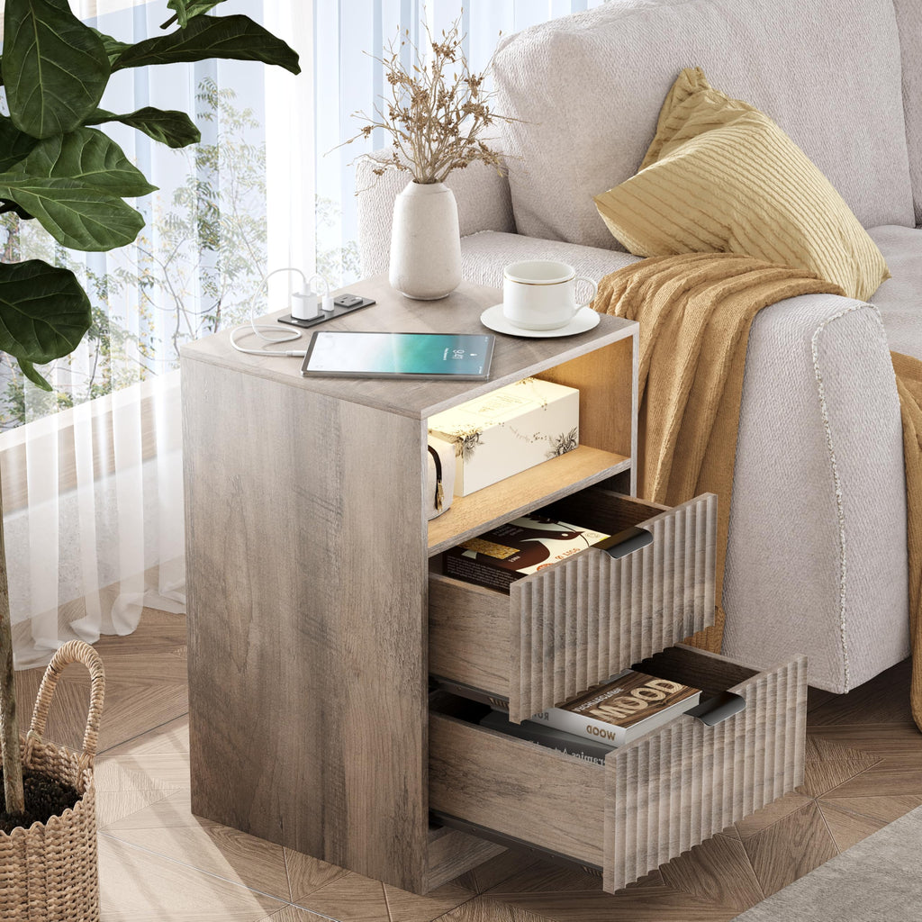 Fluted Nightstands with Charging Station, Set of 2
