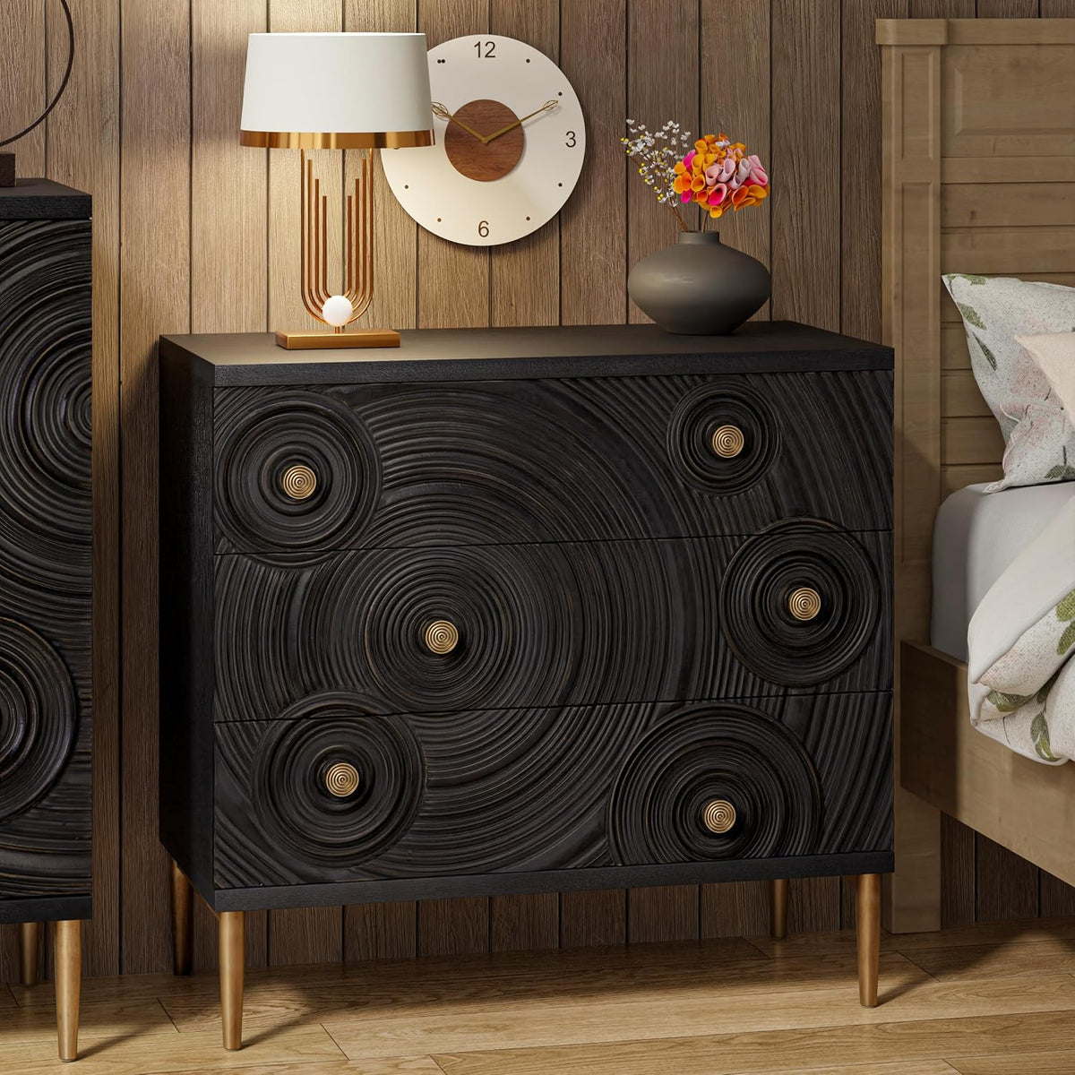 Black and Gold Boho Three-Drawer Dresser