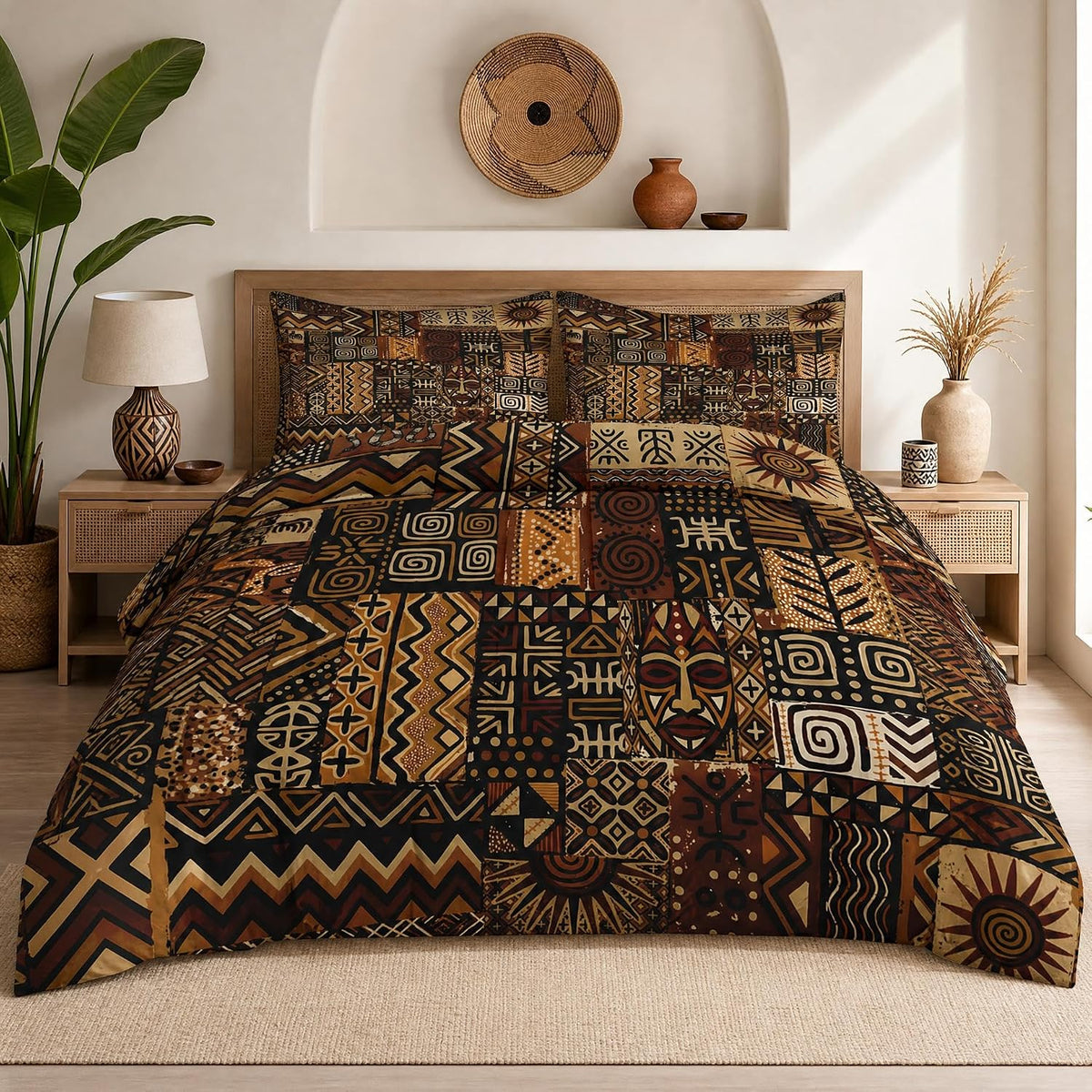 Pamnest Queen Comforter Set, 3 Pieces African Floral Bedding, All Season