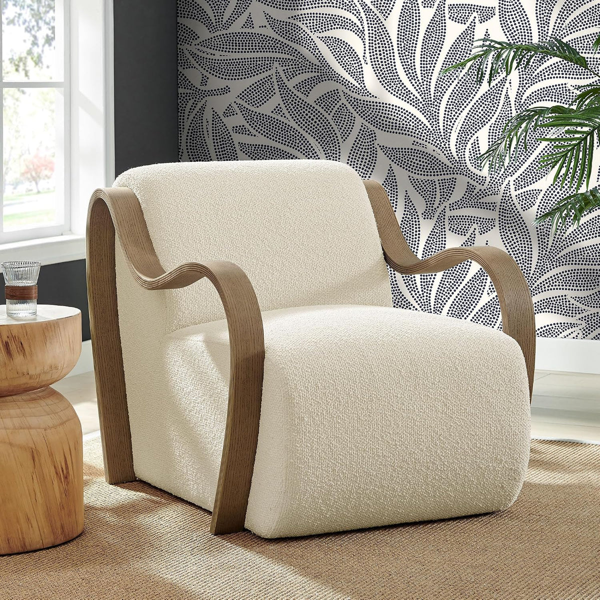 Modway Atrium Boucle Upholstered Lounge Chair in Cream with Sculptural Bentwood