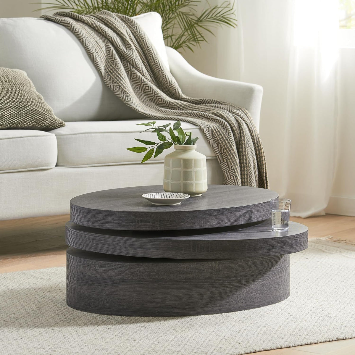 Matte Black Rotating Oval Coffee Table