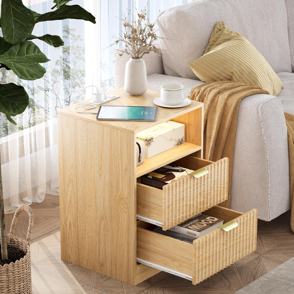 Fluted Nightstands with Charging Station, Set of 2