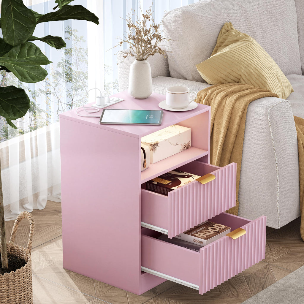 Fluted Nightstands with Charging Station, Set of 2