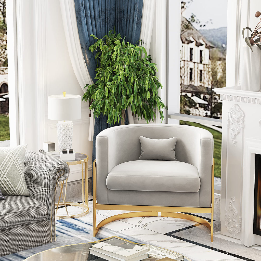 Velvet Accent Chair Ivory Modern Barrel Chair with Gold Legs