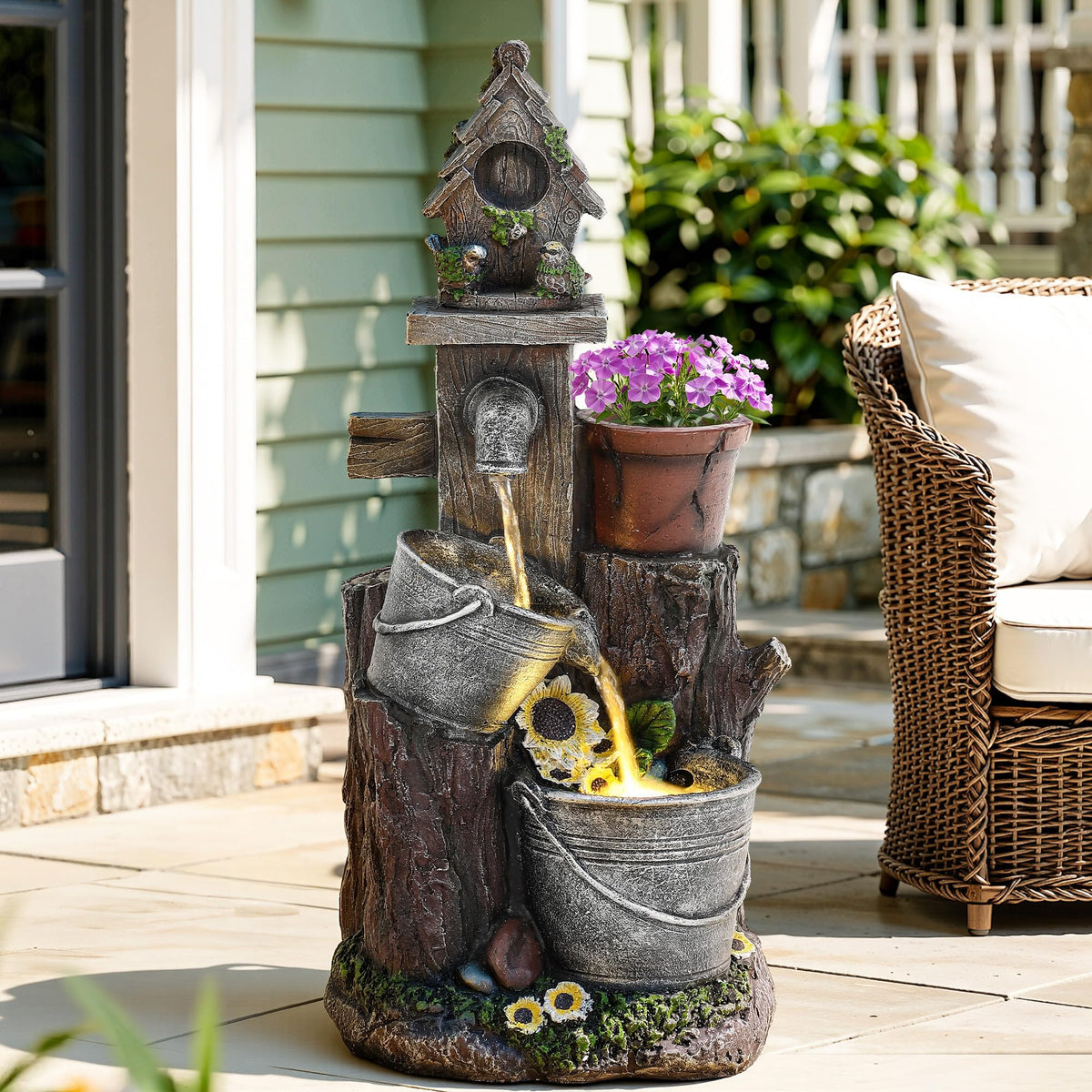 23" H Tiki Statue Outdoor Water Fountain with LED Lights