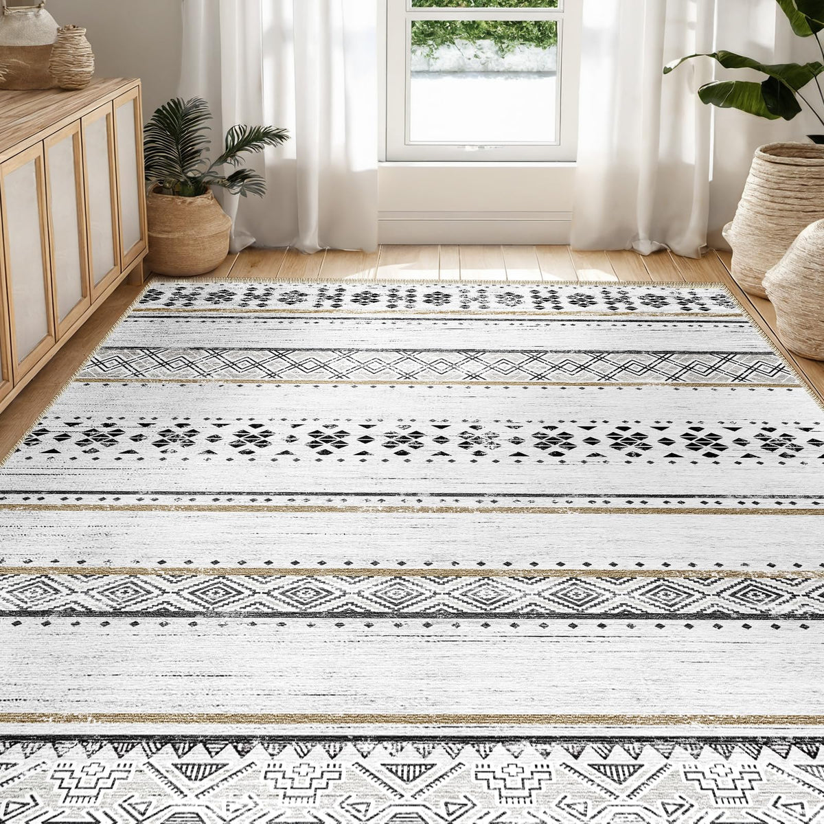 8x10 Washable Area Rugs for Living Room Boho Bedroom Rug Colorful/Black