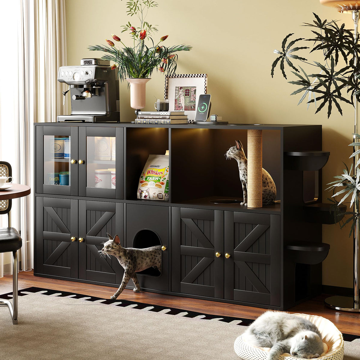 39.4 Inch 3-Tier Hidden Litter Box Furniture, Black/Brown