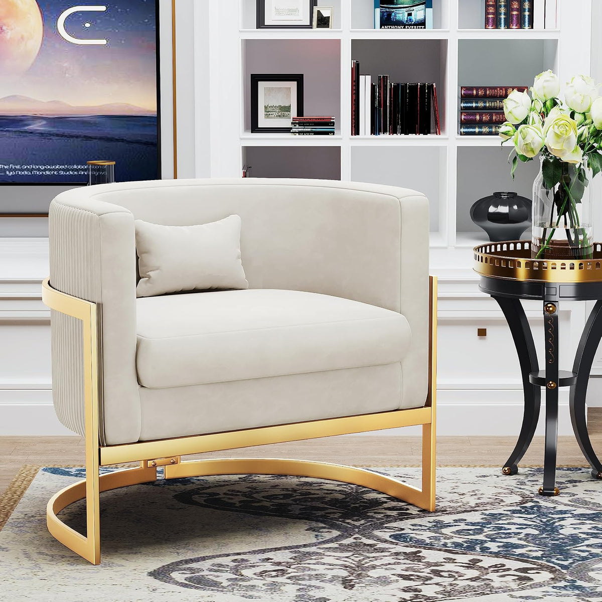 Velvet Accent Chair Ivory Modern Barrel Chair with Gold Legs
