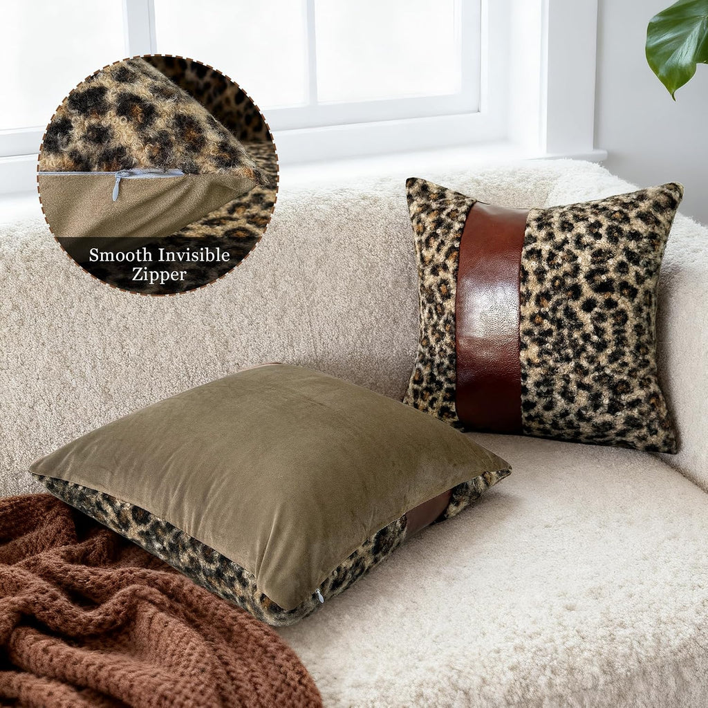 Brown Patchwork Leopard Bouclé Pillow Covers