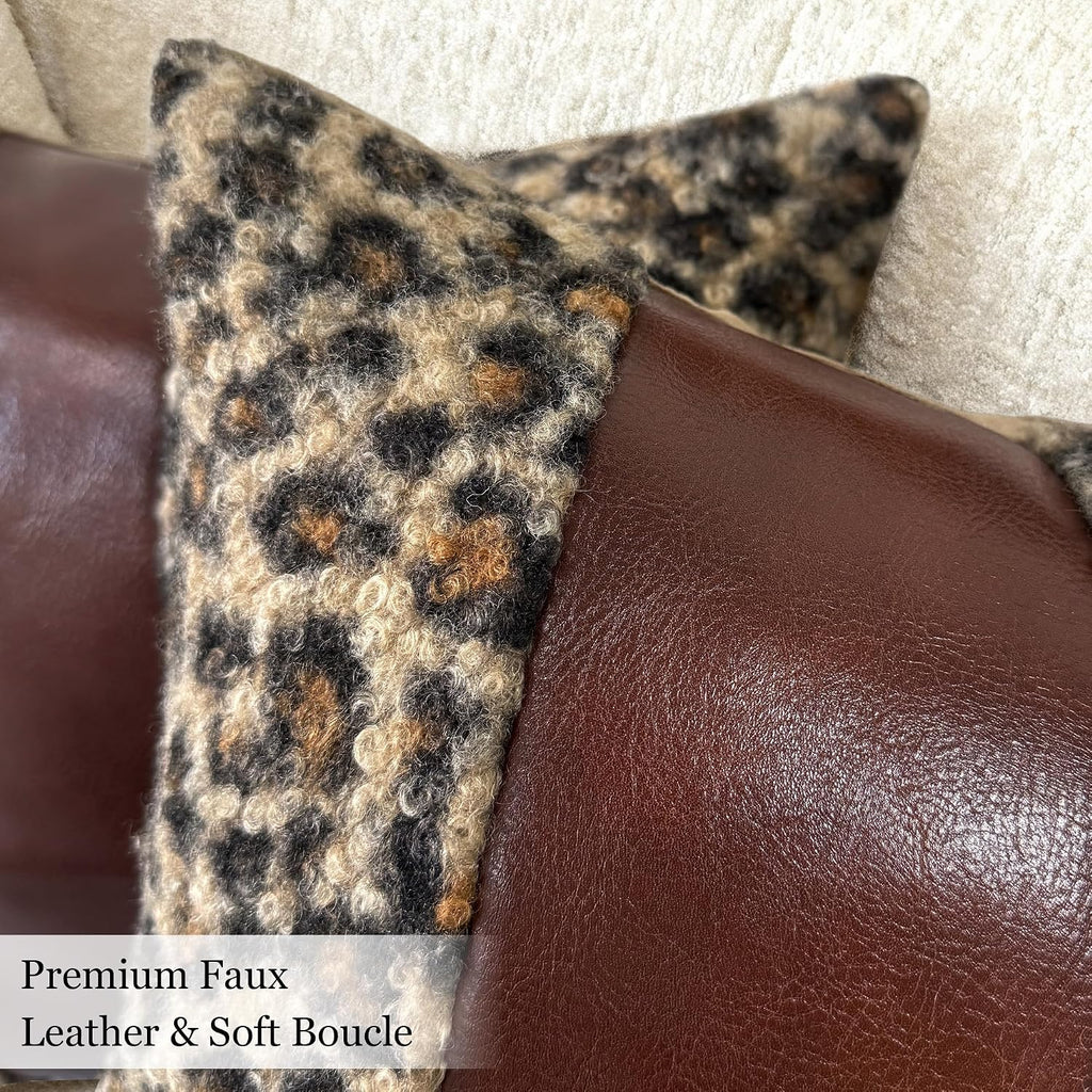 Brown Patchwork Leopard Bouclé Pillow Covers