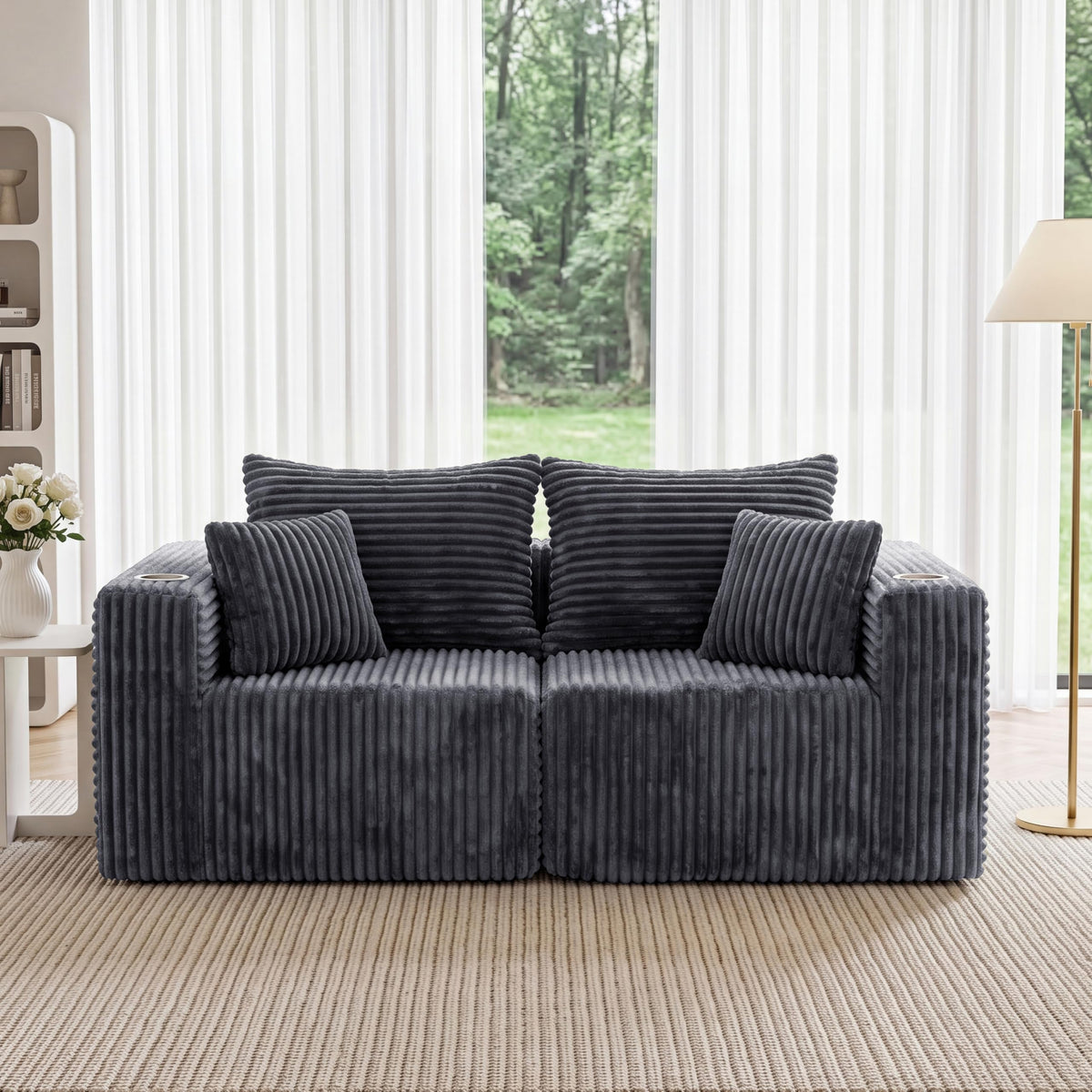 Modular Boneless Loveseat Sectional Cloud Sofa Comfy Deep Seat Corduroy Small Couch