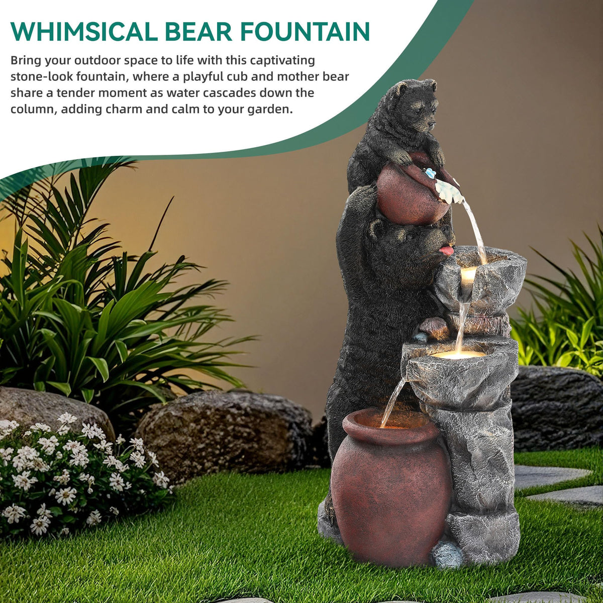 23" H Tiki Statue Outdoor Water Fountain with LED Lights