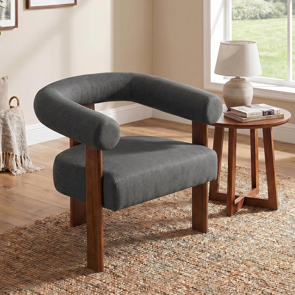 Usaint Upholstered Barrel Accent Chair with Walnut Wood Legs and Armrests