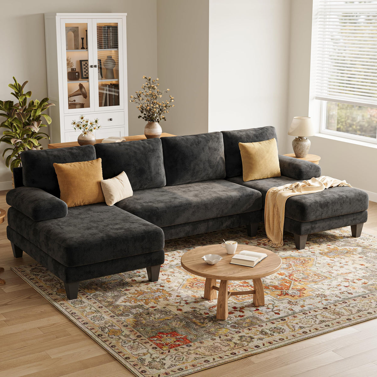 112" U-Shaped Chenille Double-Chaise Sectional Sofa