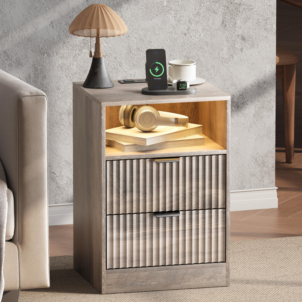 Fluted Nightstands with Charging Station, Set of 2