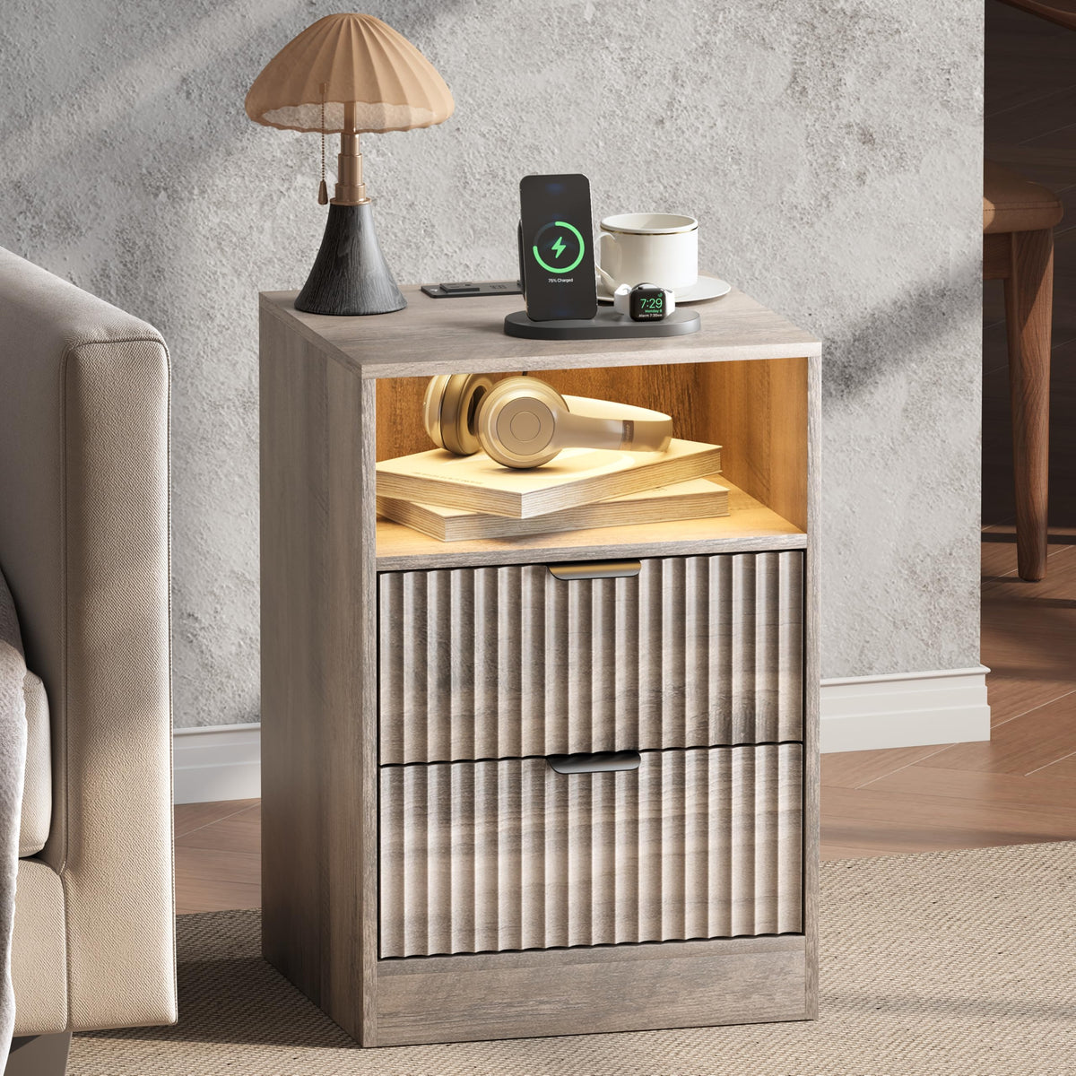 Fluted Nightstands with Charging Station, Set of 2