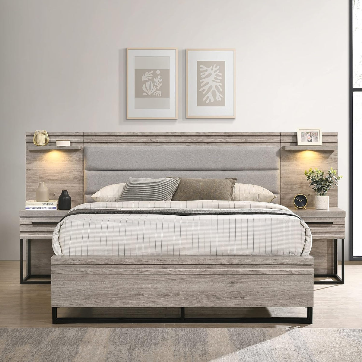 Upholstered Wall Bed with LED Lights & Nightstands