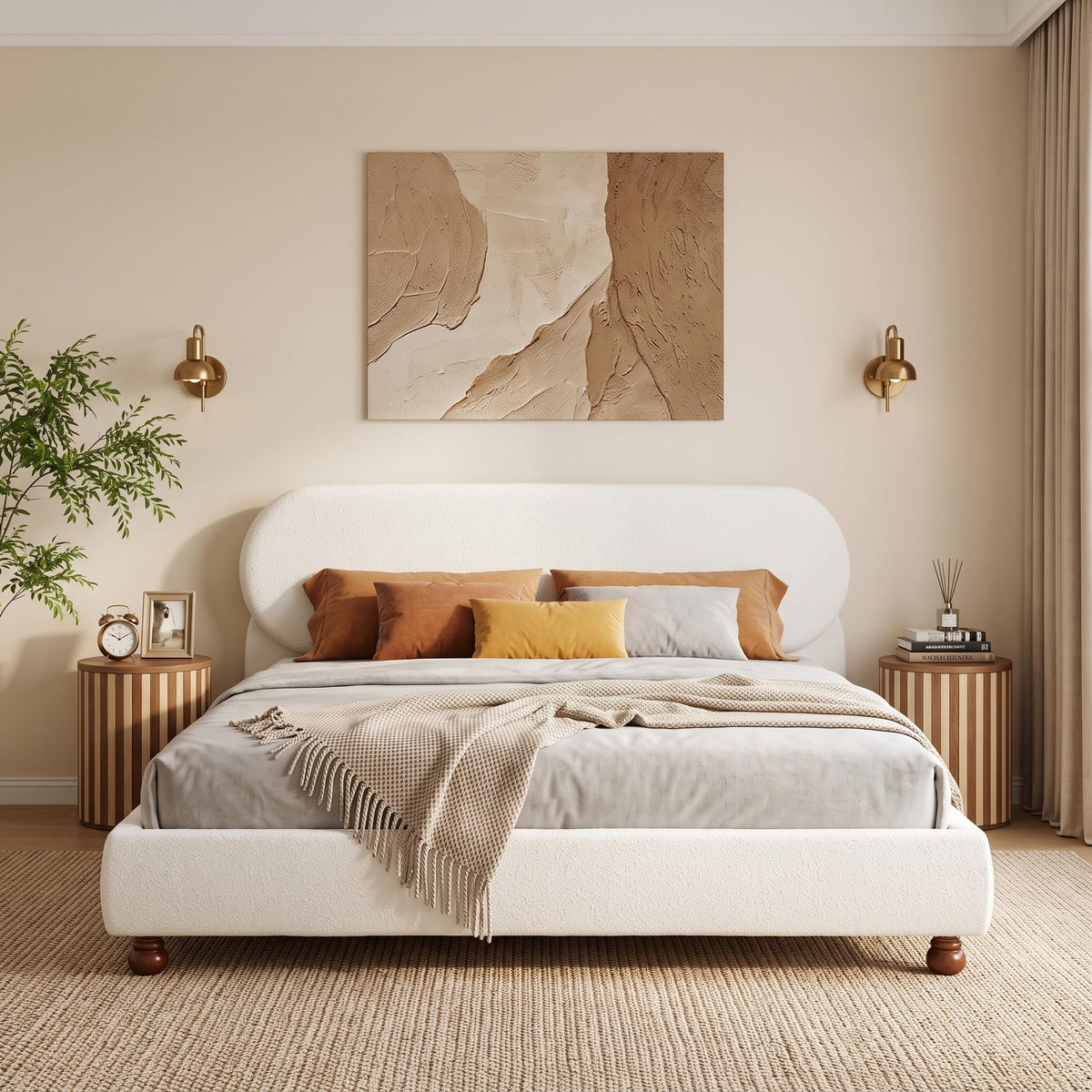 Queen Size Curved Upholstered Bed with Smart Ambient Lighting
