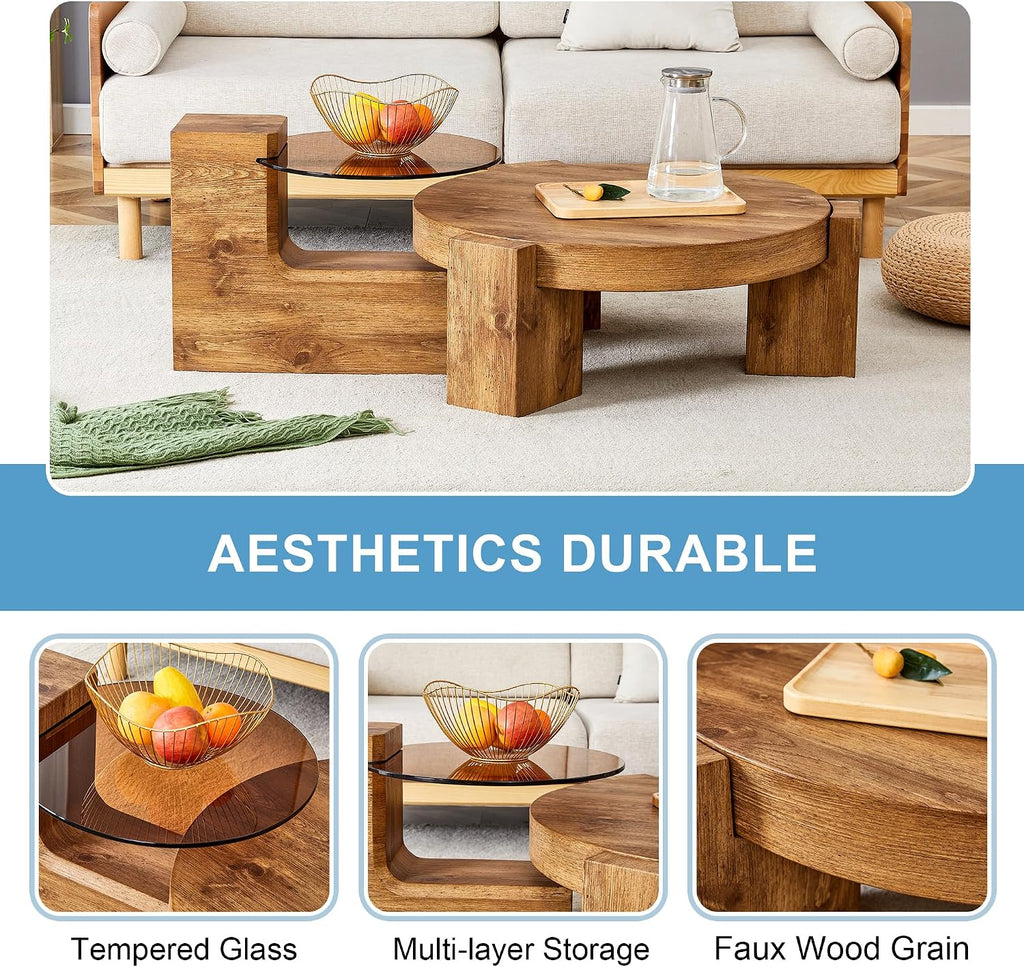 Modern Coffee Table with End Table Set, 30 Inch Combination Wooden Round Coffee Table Minimalist Center Table for Living Room, Bedroom, Office