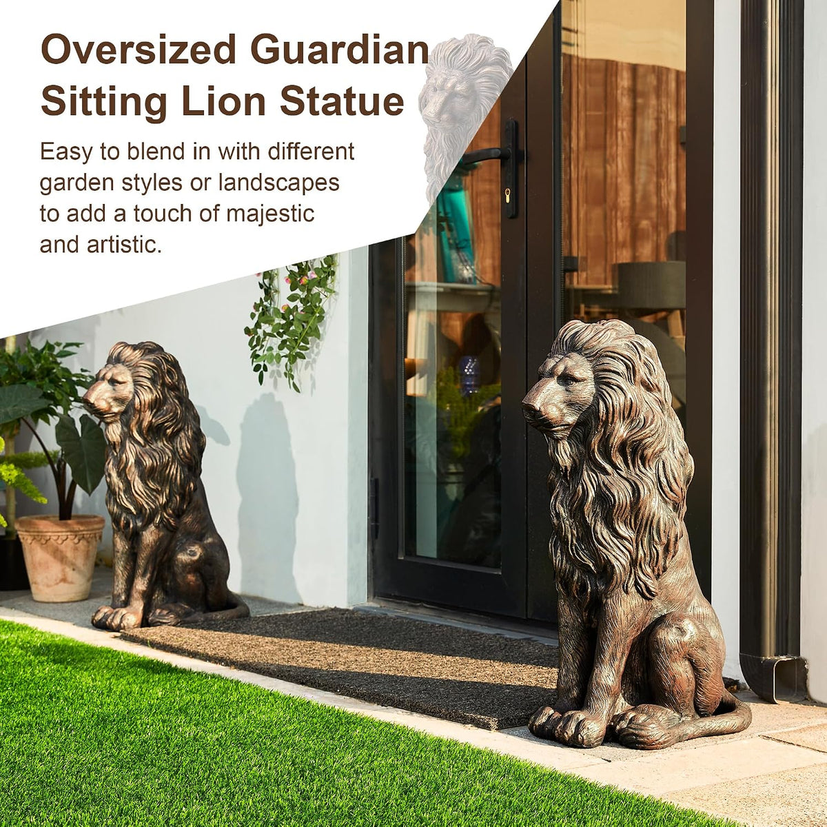 Glitzhome Guardian Sitting Lion Statue Regal Indoor and Outdoor Garden Sculpture