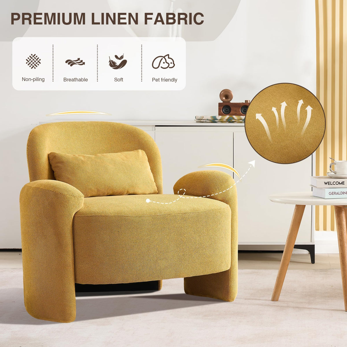 LOULENS Accent Chair Set of 2, Linen Fabric Lounge Armchair, Yellow