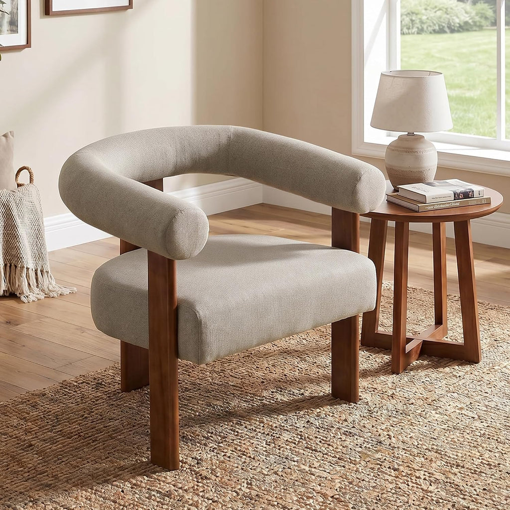 Usaint Upholstered Barrel Accent Chair with Walnut Wood Legs and Armrests