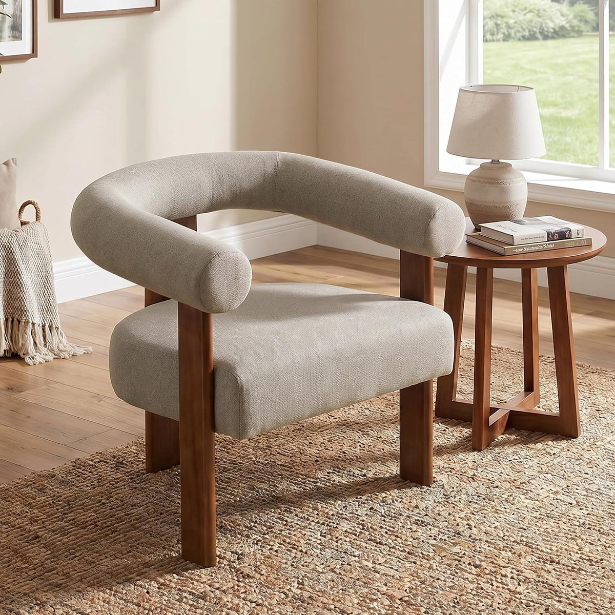 Usaint Upholstered Barrel Accent Chair with Walnut Wood Legs and Armrests
