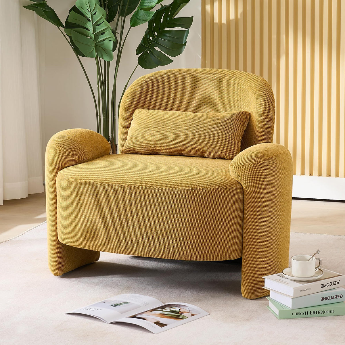 LOULENS Accent Chair Set of 2, Linen Fabric Lounge Armchair, Yellow