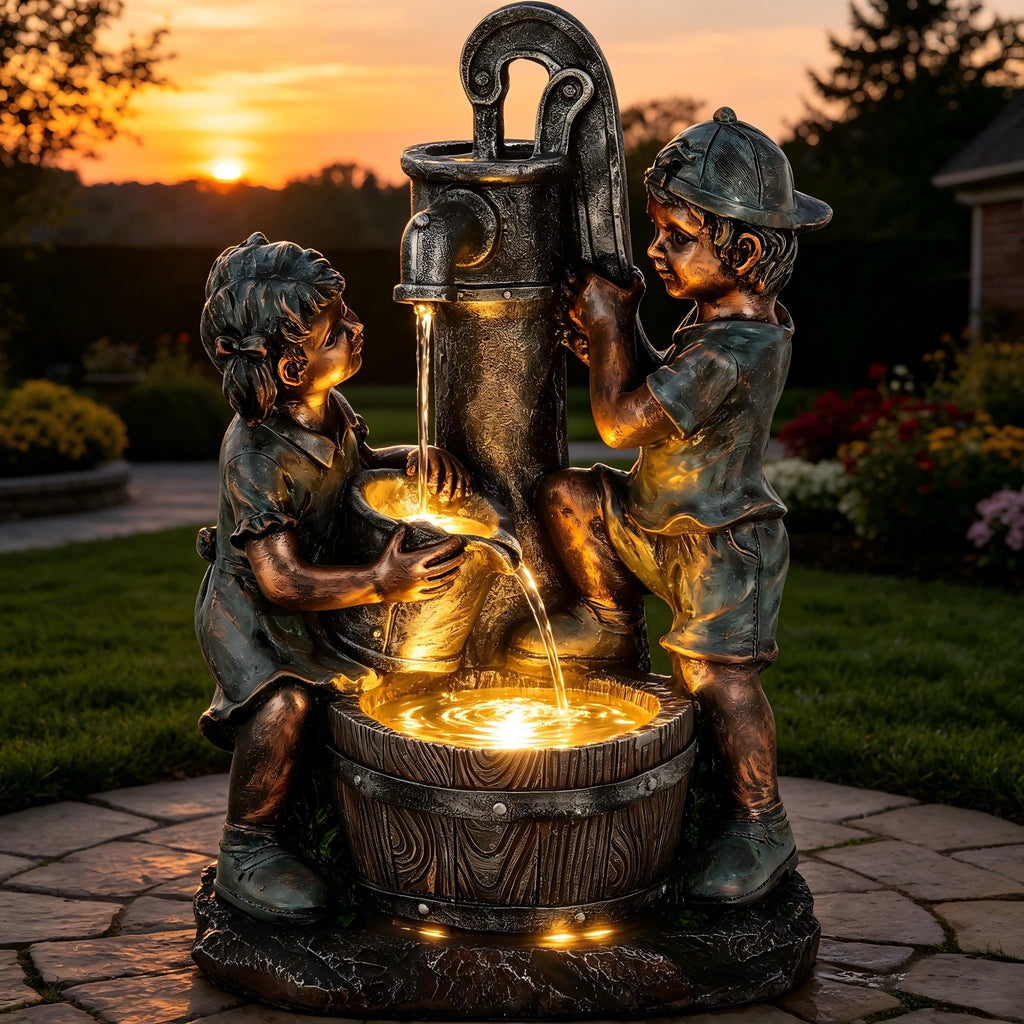 23" H Tiki Statue Outdoor Water Fountain with LED Lights