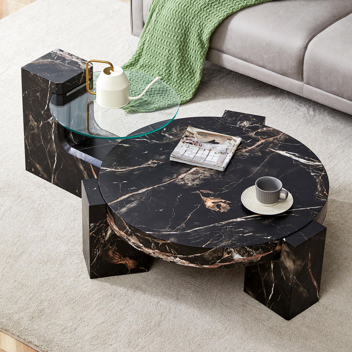 Modern Coffee Table with End Table Set, 30 Inch Combination Wooden Round Coffee Table Minimalist Center Table for Living Room, Bedroom, Office