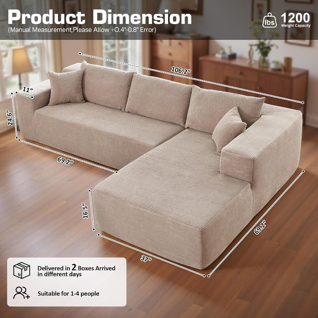 106" Cloud Sectional Couch with Chaise Lounge