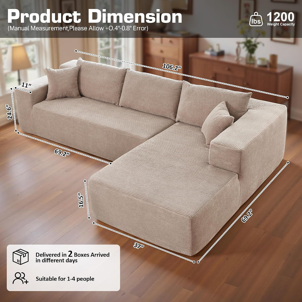 106" Cloud Sectional Couch with Chaise Lounge