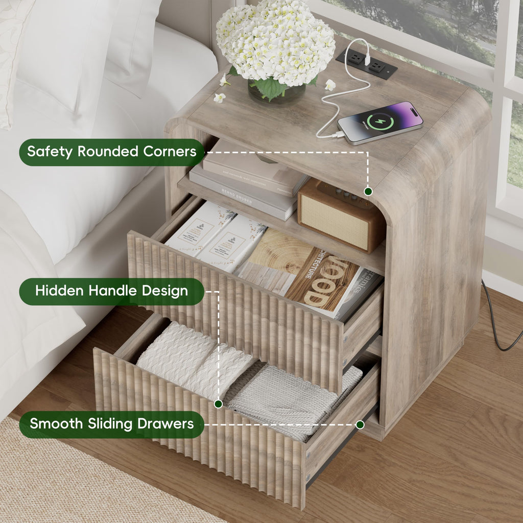 Fluted Nightstands with Charging Station, Set of 2