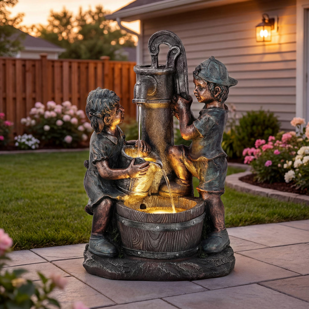 23" H Tiki Statue Outdoor Water Fountain with LED Lights