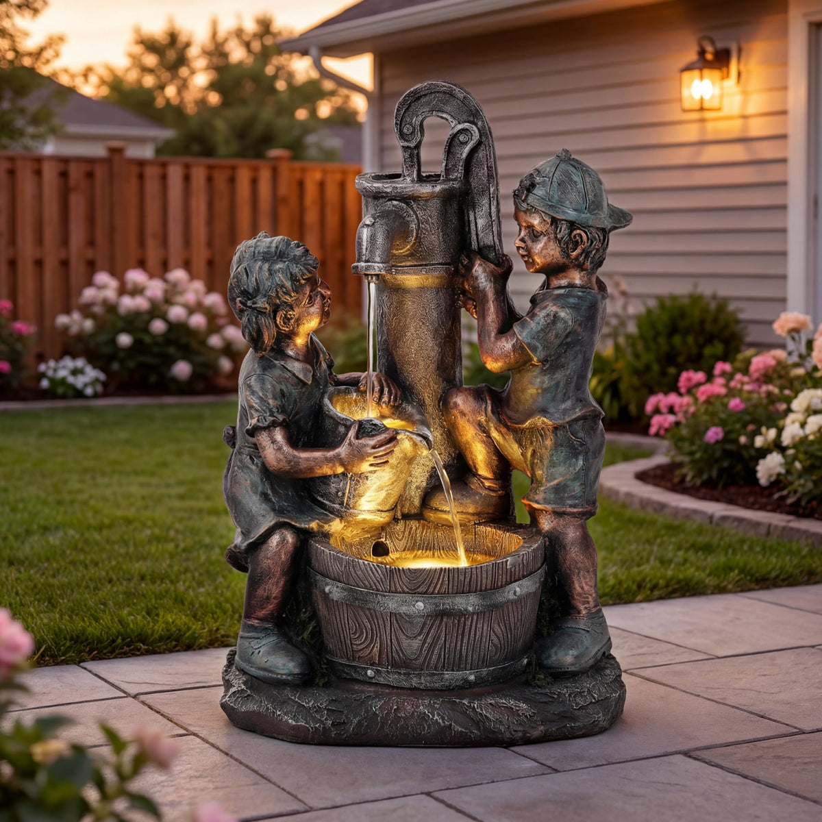 23" H Tiki Statue Outdoor Water Fountain with LED Lights