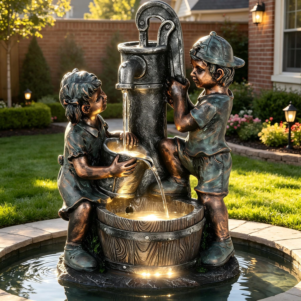 23" H Tiki Statue Outdoor Water Fountain with LED Lights