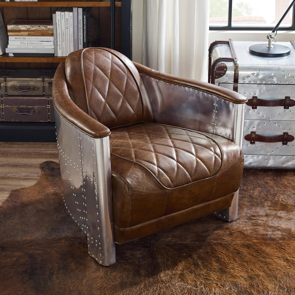 Volans Mid Century Modern Genuine Leather Accent Arm Chair with Vintage Aluminum