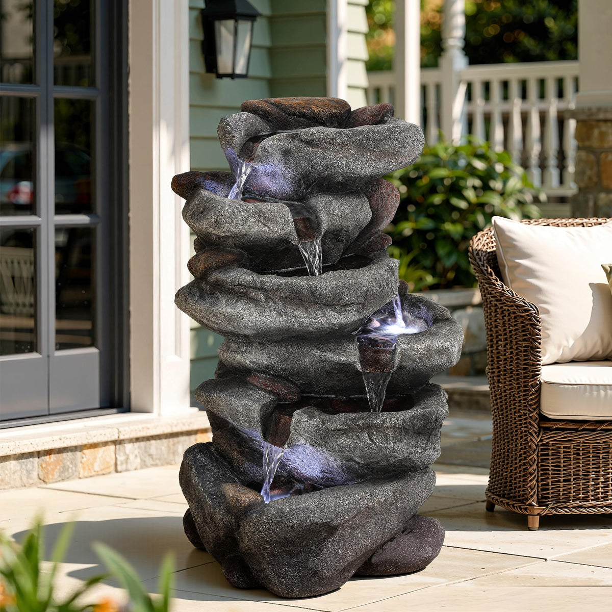 23" H Tiki Statue Outdoor Water Fountain with LED Lights