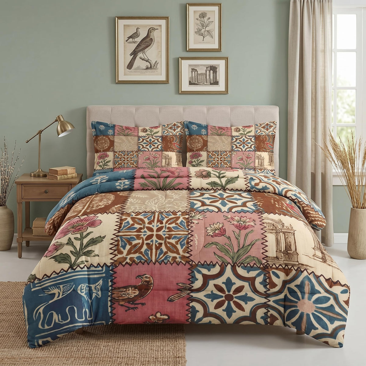 Pamnest Queen Comforter Set, 3 Pieces African Floral Bedding, All Season