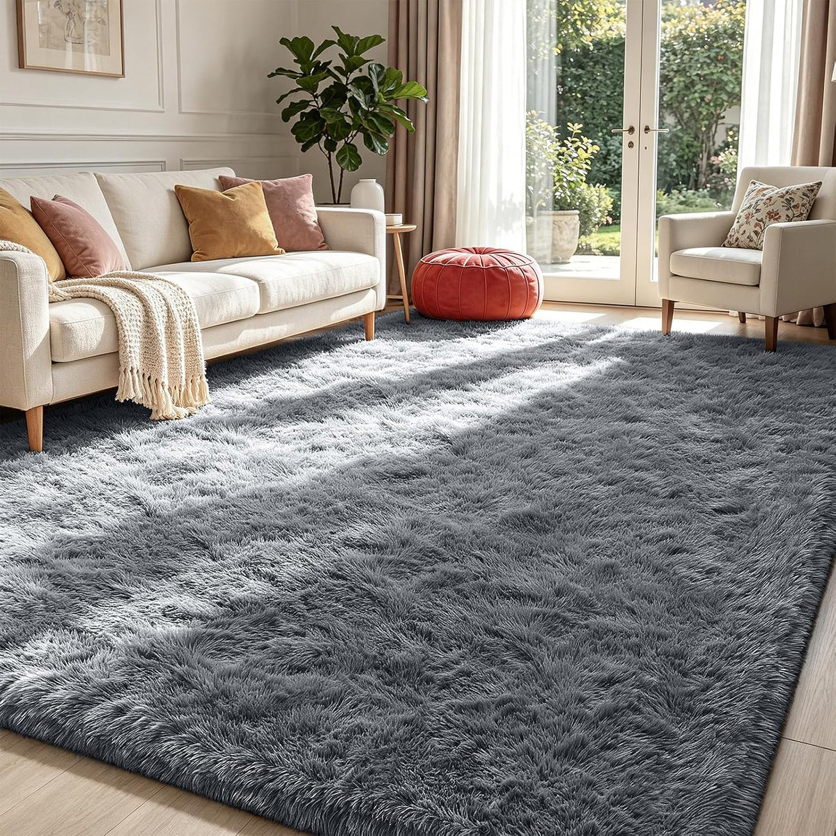 Mottled Beige 9x12 Area Rugs for Living Room, Fluffy Shag Rug Large Carpet