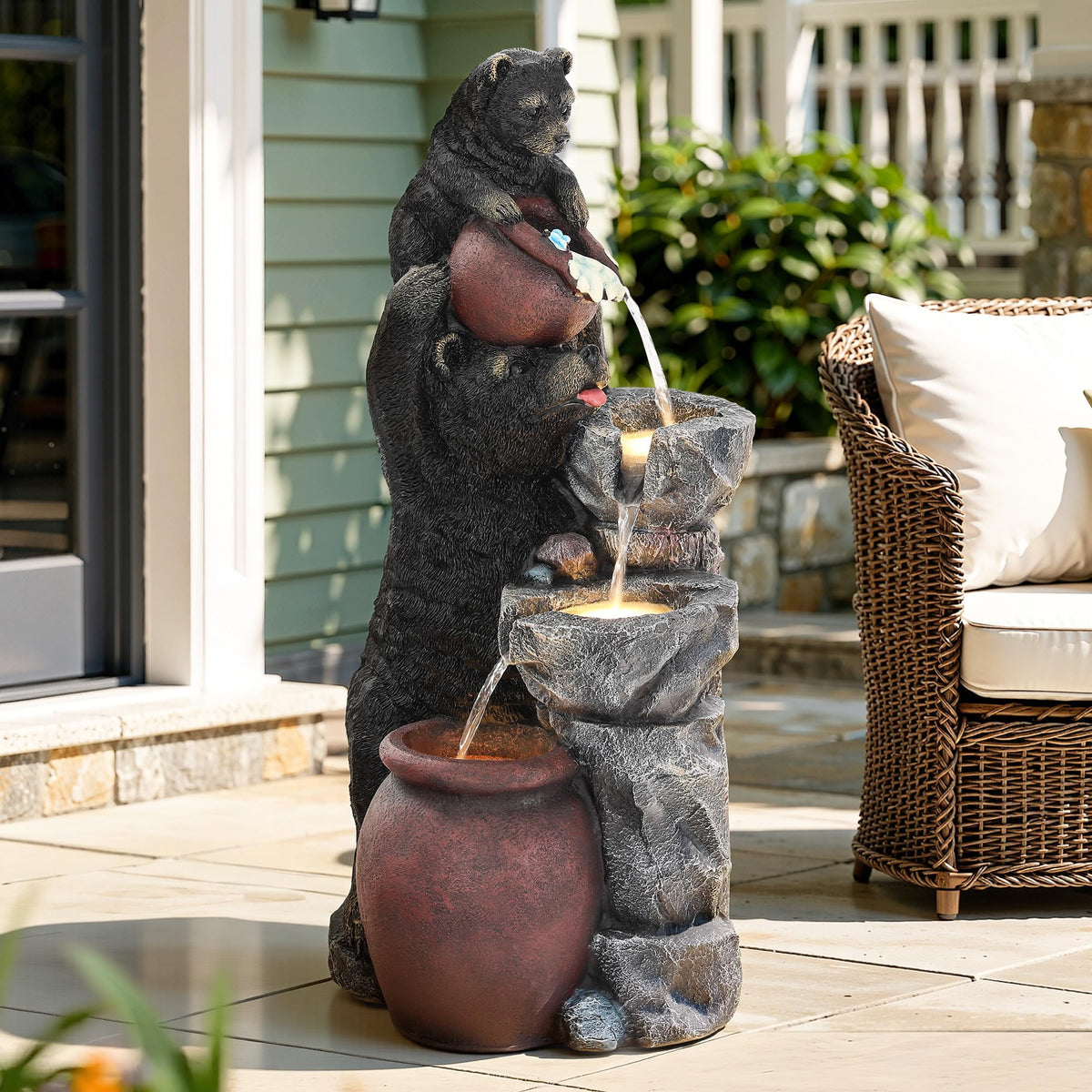 23" H Tiki Statue Outdoor Water Fountain with LED Lights