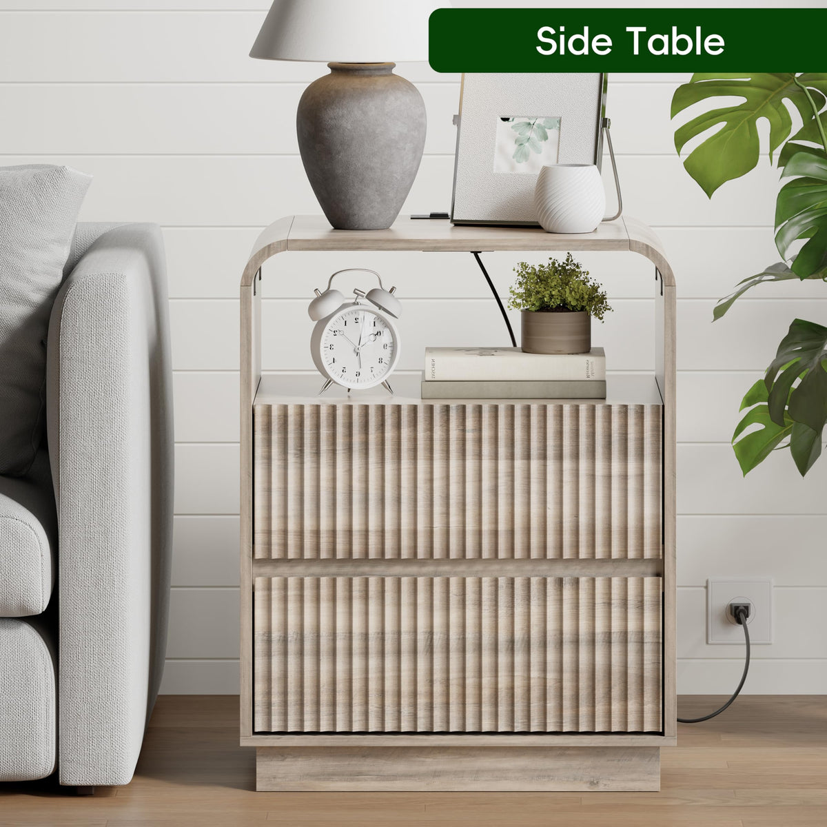 Fluted Nightstands with Charging Station, Set of 2